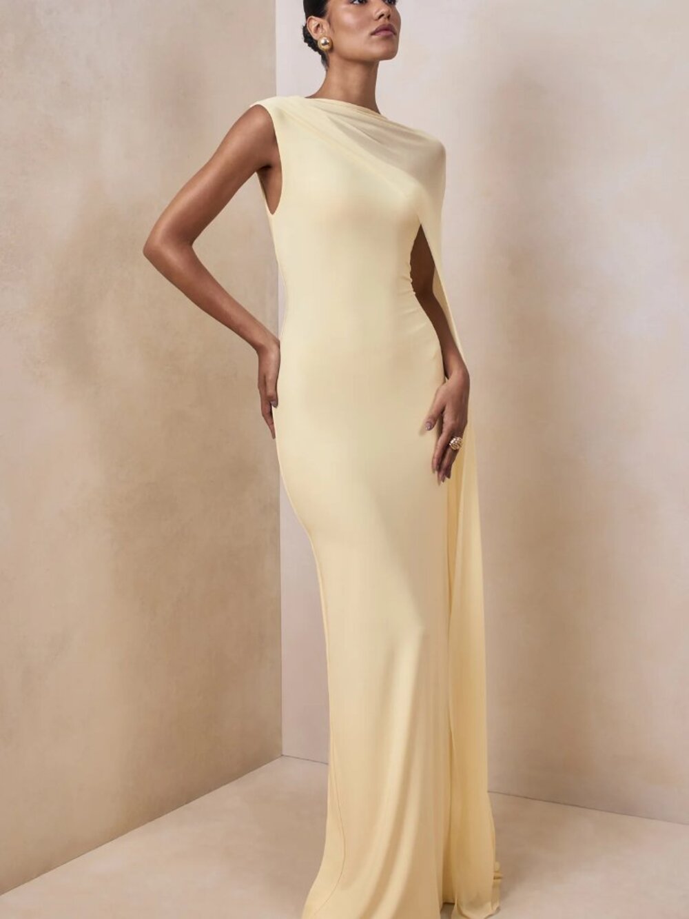 Mirelle Lemon Boat-Neck Maxi Dress With Cape-Sleeve